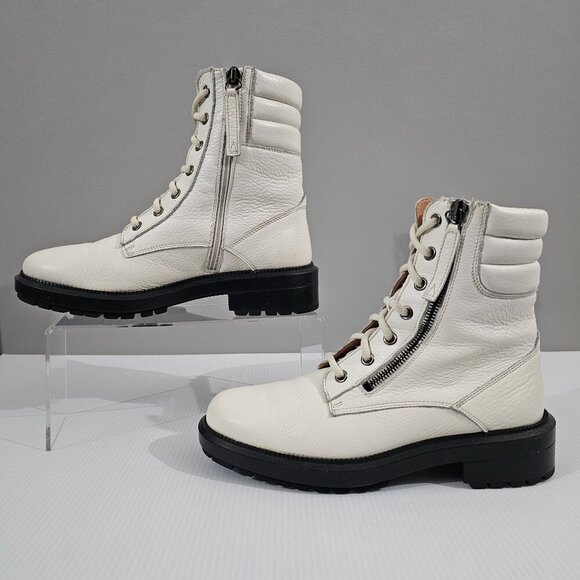 Aquatalia Laila Combat Boot Women 6 Ivory Leather Water Resistant Ankle Lug Sole - Picture 2 of 15